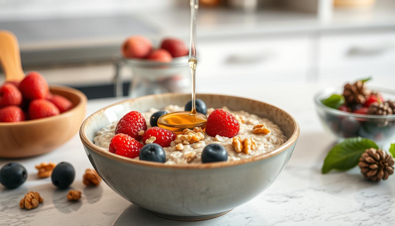 A steaming bowl of microwave-prepared steel-cut oats, dotted with vibrant berries, crunchy walnuts, and a drizzle of raw honey. The oatmeal's surface reflects the warm, natural lighting from above, casting a cozy, inviting glow. In the background, a clean, minimalist kitchen counter tops the scene, hinting at a SoulStrength-inspired, health-conscious lifestyle. The composition is visually balanced, with the oatmeal as the central focus, surrounded by complementary superfood toppings. An appetizing, nutritious meal, ready in minutes.