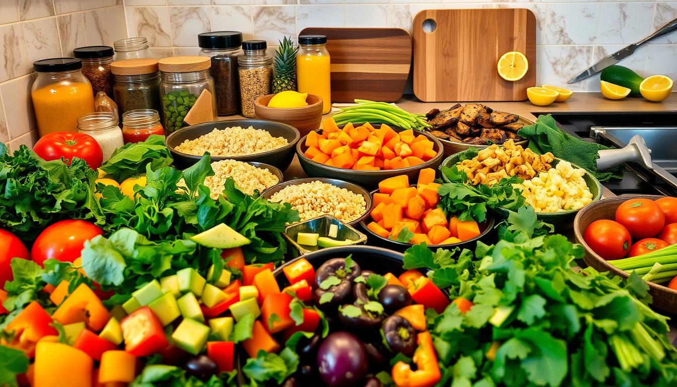 A wide kitchen counter filled with various colorful vegetables, grains, and plant-based protein sources, artfully arranged under warm, soft lighting. In the foreground, fresh greens, chopped bell peppers, and diced avocado await assembly. In the middle ground, quinoa, roasted sweet potatoes, and sautéed tofu stand ready. The background features jars of spices, a bottle of turmeric-infused tahini dressing, and a cutting board with sliced lemon wedges. The overall scene evokes a sense of vibrant, nourishing, and mindful meal preparation.