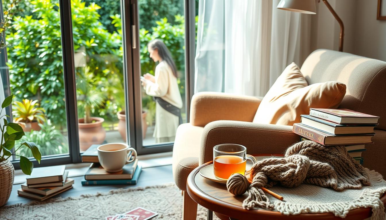A cozy living room with natural lighting, a plush armchair, and a side table with a hot cup of tea, surrounded by stacks of books, a deck of cards, and a pair of knitting needles with a partially completed scarf. In the background, a large window overlooking a lush, verdant garden, providing a serene and relaxing atmosphere. The overall scene evokes a sense of tranquility and mindfulness, encouraging the viewer to engage in offline activities that foster mental and physical well-being.