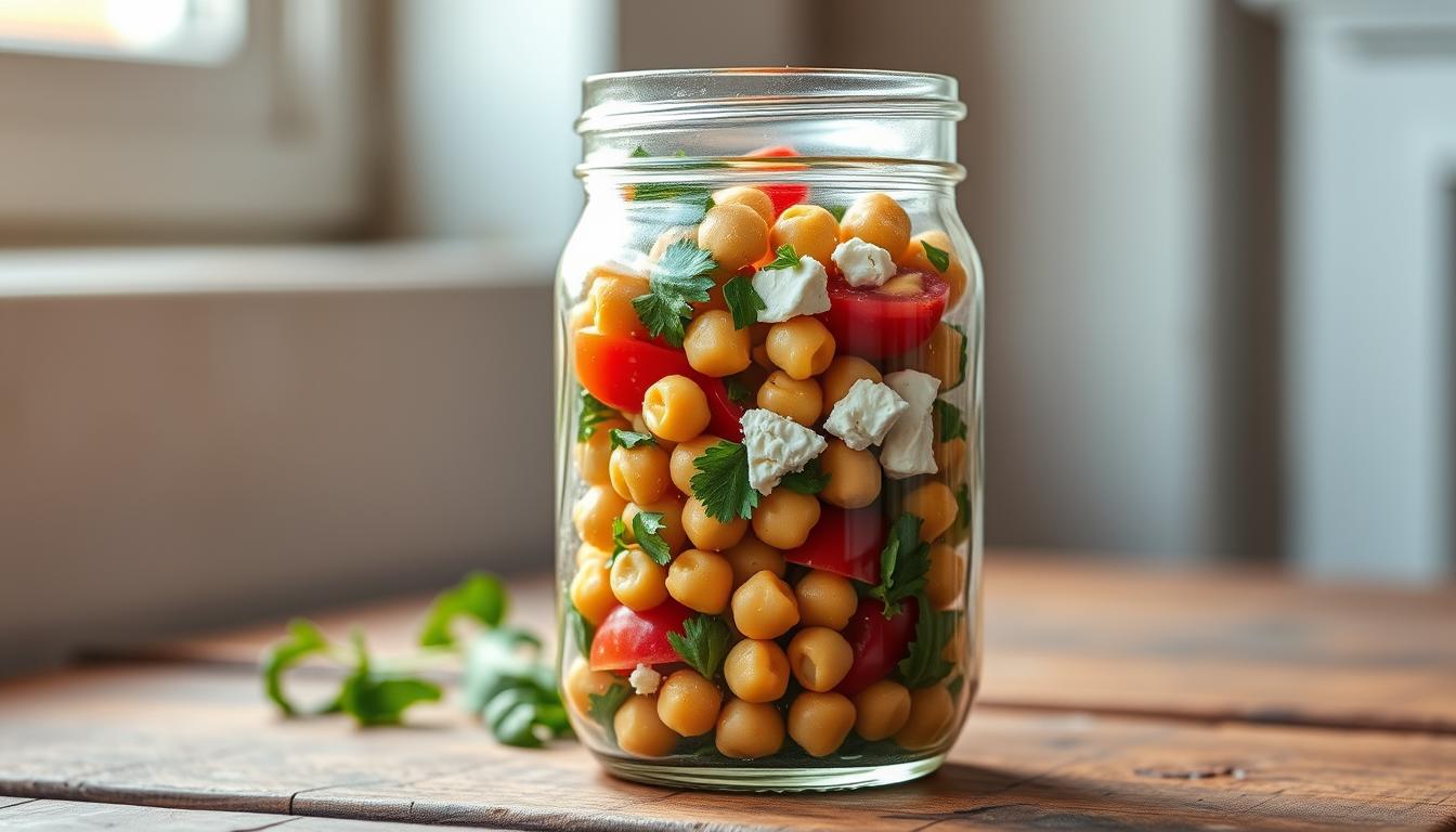 A mason jar filled with a vibrant Mediterranean Chickpea Salad sits atop a rustic wooden table. The salad is layered with tender chickpeas, diced tomatoes, crumbled feta, and freshly chopped parsley. A light, lemony vinaigrette glistens over the ingredients, creating a mouthwatering visual. Warm, natural lighting filters through a window, casting a soft glow on the scene. The jar's glass exterior reflects the colors of the salad, drawing the viewer's eye. The overall composition has a fresh, wholesome, and slightly rustic feel, perfectly capturing the essence of a delicious and nutritious Mason Jar Salad.