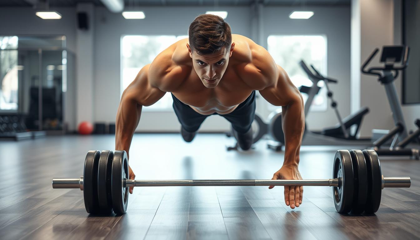 A muscular person performing a burpee exercise in a well-lit, modern gym. The subject is in the foreground, their powerful muscles clearly visible as they explosively jump up from a plank position. In the middle ground, a weighted barbell rests on the floor, representing the strength training aspect. In the background, a treadmill and rowing machine are visible, symbolizing the cardio component. The lighting is bright and even, accentuating the subject's defined physique. The overall atmosphere conveys a sense of dynamic, integrated fitness.