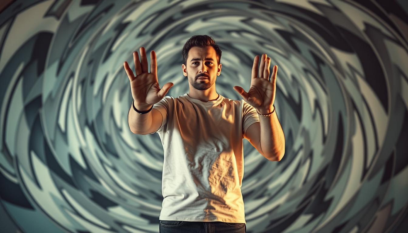 A person standing firmly, confidently and decisively, their hands raised in a gesture of refusal. They are surrounded by a swirling, abstract background of geometric shapes and patterns, representing the mental clarity and focus required to master the art of saying no. Soft, warm lighting illuminates the figure, creating a sense of deliberation and resolve. The overall composition conveys a sense of empowerment, control and self-preservation.