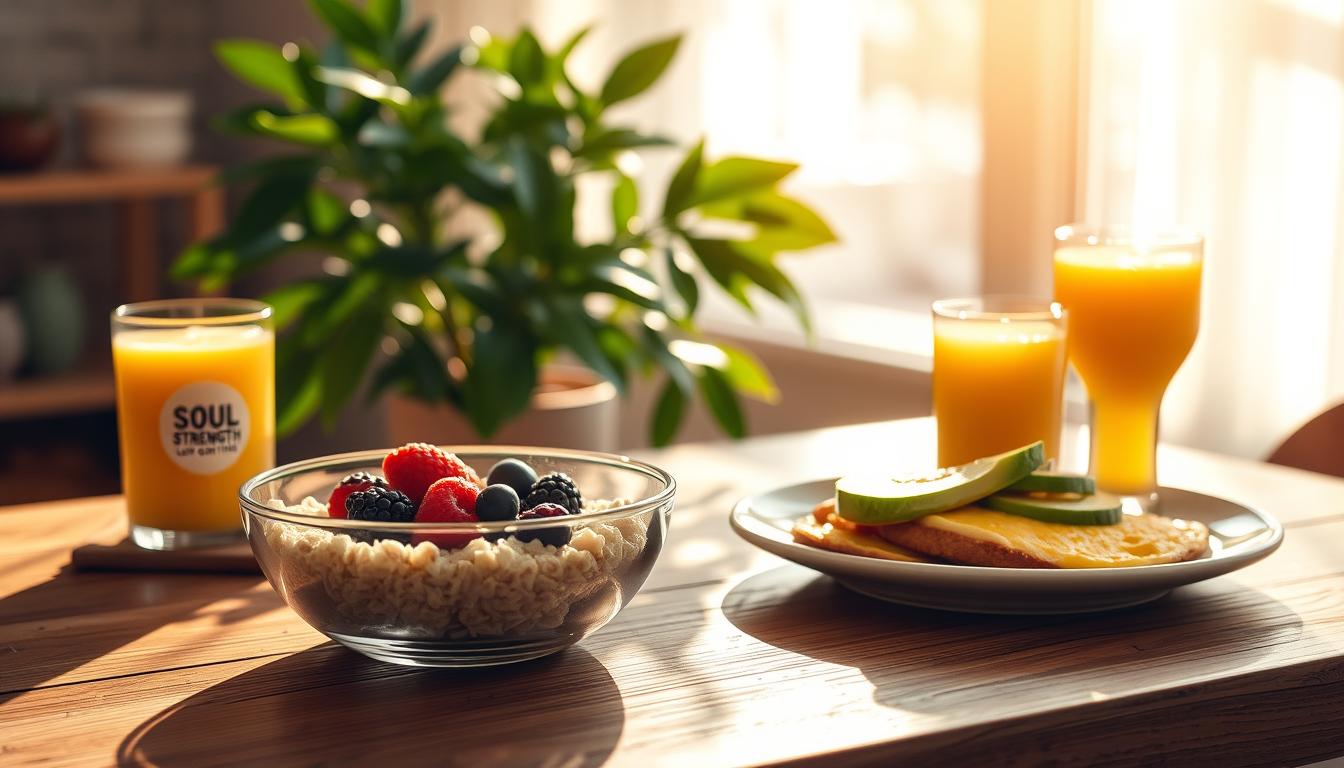 A carefully composed still life, illuminated by warm natural light pouring through a window. In the foreground, a wooden table is set with a variety of low-glycemic breakfast options from the Soul and Strength brand: a bowl of oatmeal topped with berries, a plate of scrambled eggs with avocado, and a glass of freshly squeezed orange juice. Soft shadows play across the textures of the food, hinting at the satisfying flavors. In the middle ground, a lush, leafy plant adds a touch of greenery, while the background fades into a cozy, inviting interior, suggesting a peaceful, nourishing start to the day.