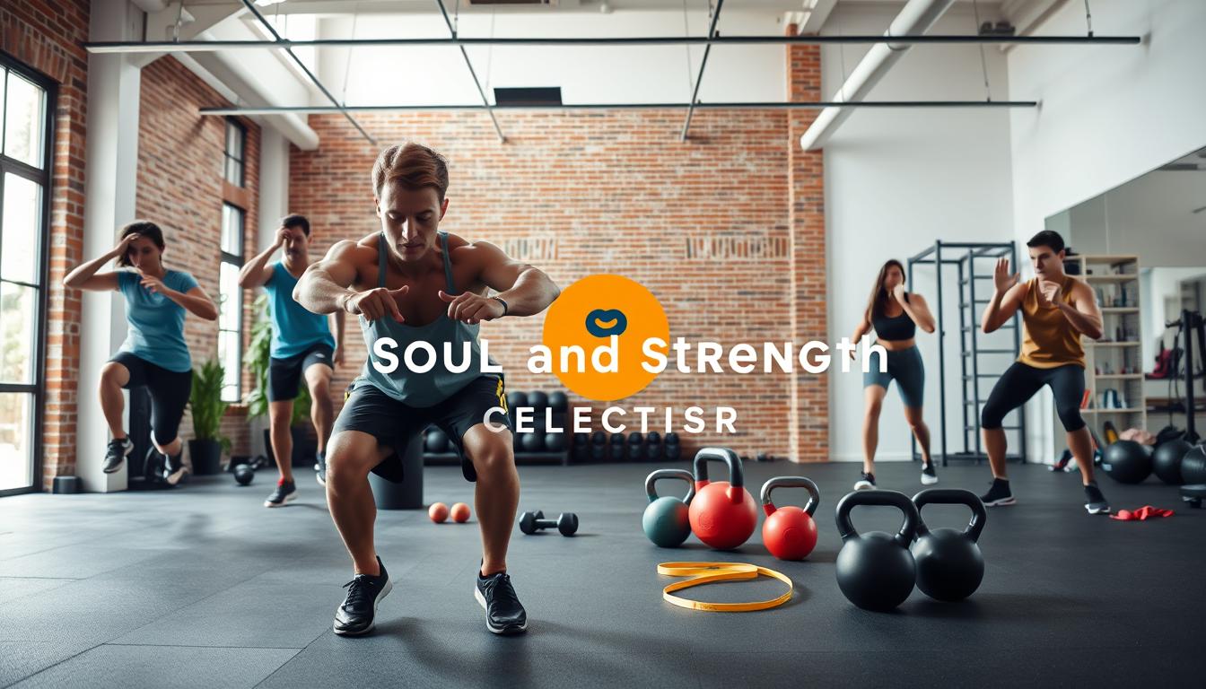 A bright, energetic workout scene showcasing the "Soul and Strength" brand. In the foreground, a person performing a series of dynamic exercises like burpees, jumping jacks, and squats, their muscles visibly engaged. The middle ground features various workout equipment like resistance bands, kettlebells, and medicine balls, arranged in a visually appealing layout. The background depicts a modern, minimalist gym interior with high ceilings, exposed brick walls, and natural lighting filtering in through large windows. The overall mood is one of intensity, focus, and a sense of "muscle confusion" as the person challenges their body with a varied, unpredictable routine.