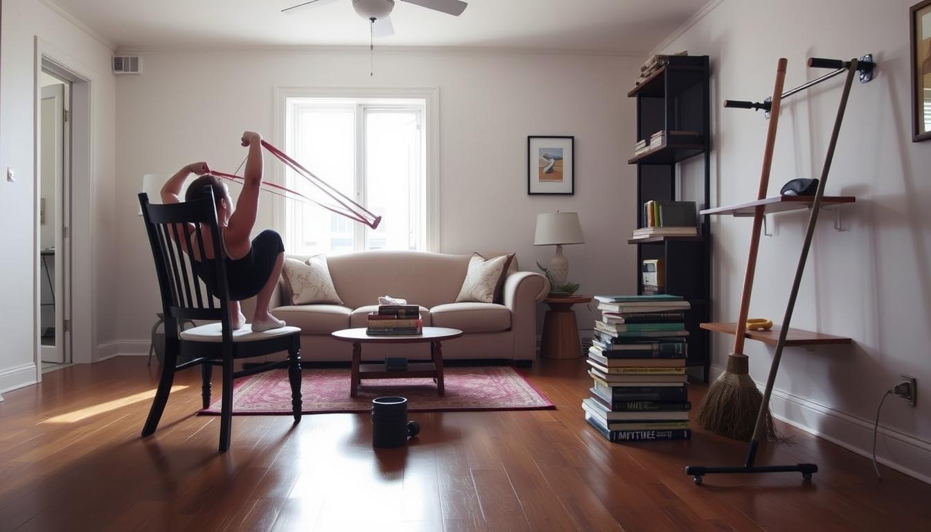 A well-lit home gym setup with a variety of household items repurposed as workout equipment. In the foreground, a person performing push-ups on a sturdy dining chair, their body silhouetted against a bright window. Midground features resistance bands stretched between the arms of a sofa, a stack of thick books used as weight plates, and a makeshift pull-up bar constructed from a sturdy broomstick and two sturdy shelves. The background showcases a minimalist, uncluttered space with hardwood floors, simple decor, and natural lighting filtering in, creating a serene, focused atmosphere conducive to an effective home workout.