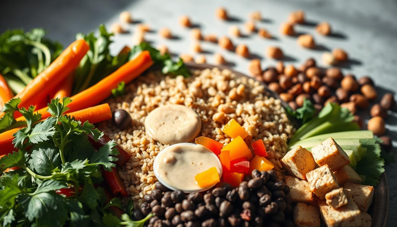 A well-lit, high-quality still life composition of colorful ingredients for a vegetarian Buddha bowl. In the foreground, an arrangement of fresh vegetables such as carrots, bell peppers, and leafy greens. In the middle ground, hearty whole grains like quinoa and brown rice, and a creamy tahini sauce in a small bowl. In the background, a scattering of legumes like chickpeas and roasted tofu cubes. The lighting is soft and natural, casting gentle shadows that enhance the textures and colors of the ingredients. The overall mood is healthy, wholesome, and visually appealing, evoking the essence of a nourishing Buddha bowl.
