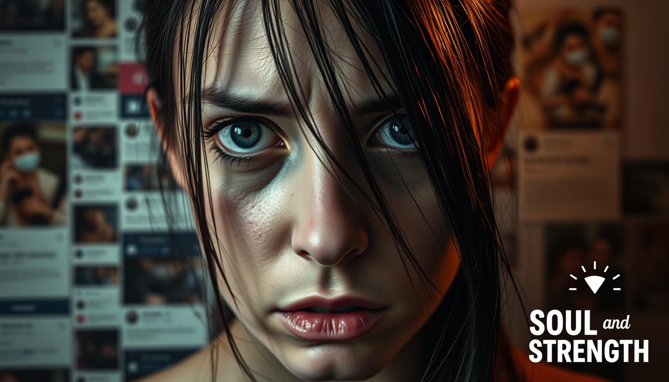Dramatic close-up portrait of a woman's face, eyes wide with anxiety, skin pale and drawn. Wisps of dark hair obscuring her features, creating a sense of unease. Harsh shadows accentuate the hollows under her eyes, conveying a troubled expression. Backdrop is a blur of social media feeds and notifications, creating a sense of overwhelming digital distraction. Warm, dim lighting casts a melancholic glow, Overall, the image evokes the mental anguish and isolation caused by the effects of FOMO.