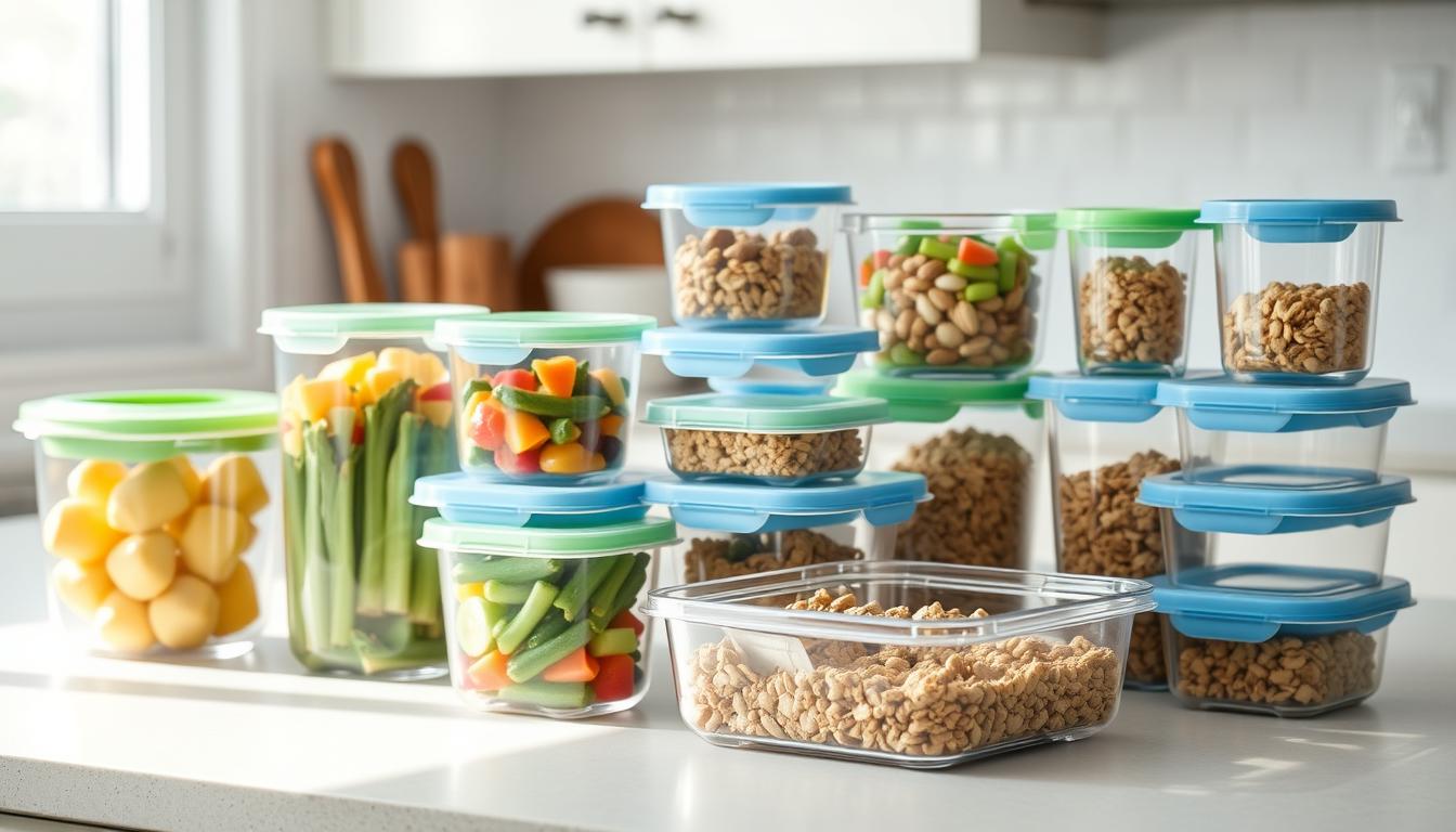 A well-lit kitchen counter showcases an array of neatly organized glass and plastic food storage containers. The containers come in various sizes and shapes, perfect for portioning out healthy snacks like fresh fruits, vegetables, nuts, and granola. Vibrant colors like green, blue, and clear accentuate the containers, creating a visually appealing and inviting display. The scene is illuminated by soft, natural lighting, casting gentle shadows that highlight the clean, minimalist design of the containers. The overall atmosphere conveys a sense of preparedness and efficiency, setting the stage for a stress-free week of guilt-free snacking.