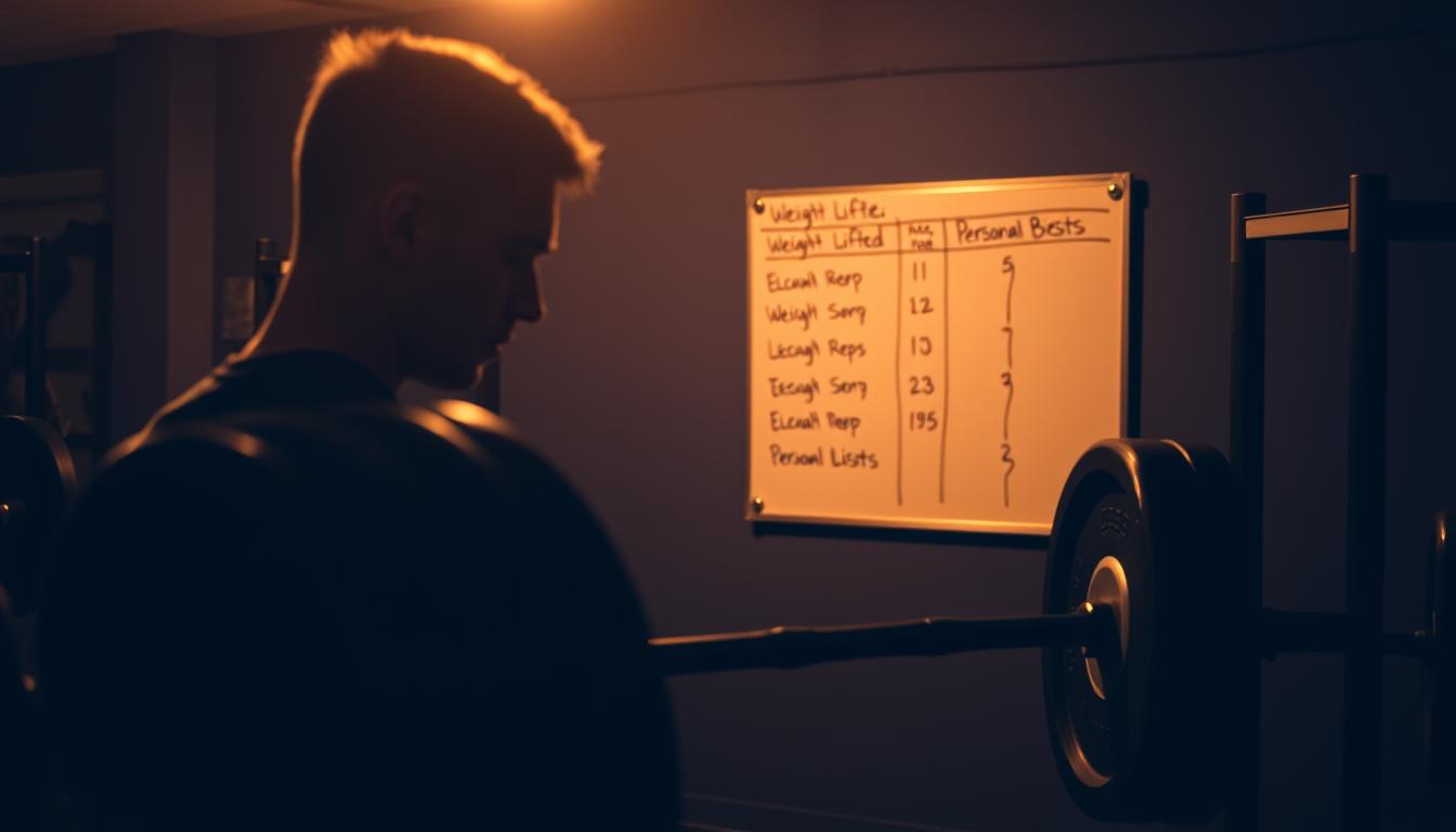 A dimly lit gym interior, with a weightlifter standing in the foreground, intently focused on a barbell loaded with weight plates. The lifter's face is partially obscured, emphasizing their determined expression. In the middle ground, a wall-mounted whiteboard displays neatly handwritten progress tracking data, including weight lifted, reps, and personal bests. The background is hazy, with the faint silhouettes of other gym equipment and a sense of the overall training environment. Warm, directional lighting casts long shadows, creating a dramatic, moody atmosphere that conveys the dedication and discipline required for strength progress.
