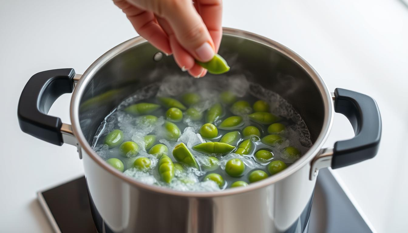 A stainless steel pot filled with boiling water, steam rising, as a hand gently drops vibrant green edamame into the bubbling liquid. The pot sits atop a sleek, minimalist kitchen counter, with a bright, natural light illuminating the scene. The edamame simmers, their firm texture and bright hue conveying freshness and anticipation. The composition is clean, focused, and centered, drawing the viewer's attention to the simple, yet essential act of preparing this nutritious snack. The atmosphere is serene, with a sense of culinary purpose and efficiency, reflecting the "Quick & Easy" nature of the recipe.