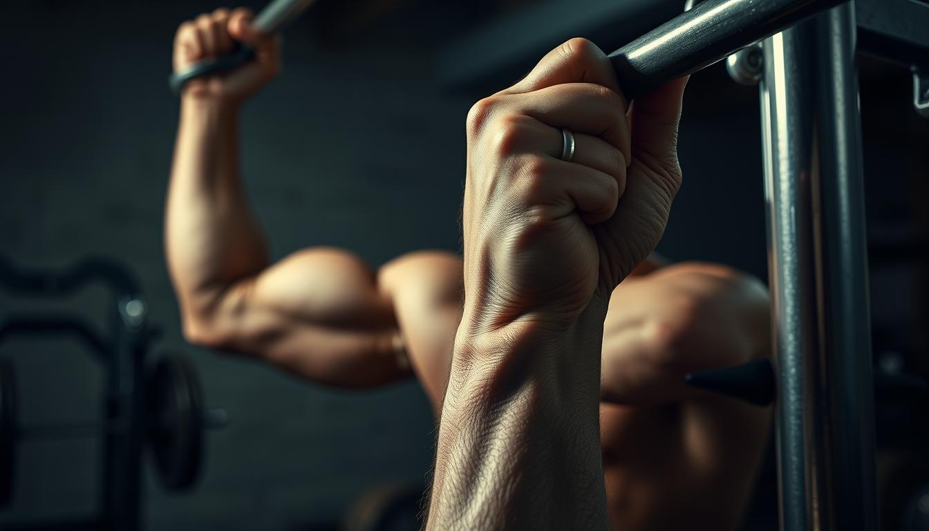 A dimly lit gym setting, with a strong focus on a muscular hand tightly gripping a thick steel bar. The foreground showcases the detailed texture of the callused palm and fingers, the tendons and veins standing out against the skin. In the middle ground, the arm extends from the shoulder, the muscles flexing with each pull-up repetition. The background is hazy, with muted weights and equipment visible, creating a sense of intensity and concentration. The lighting is dramatic, casting deep shadows and highlighting the contours of the grip. The overall atmosphere is one of determined focus and raw power, capturing the essence of fundamental grip strengthening exercises.