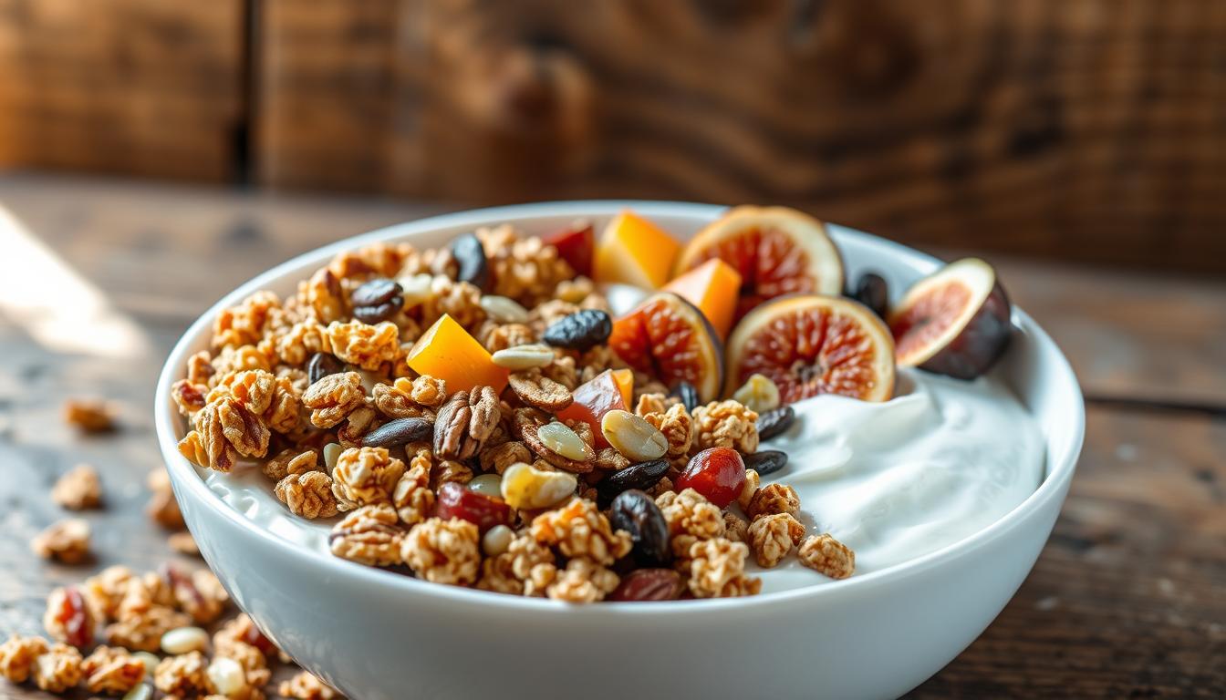 A vibrant still life arrangement showcasing a variety of texture enhancers for a balanced bowl. In the foreground, crunchy granola clusters, roasted nuts, and crisp toasted seeds sit atop a smooth, creamy greek yogurt. In the middle ground, a mix of dried fruit slices like mango, apple, and figs add pops of color and chewy texture. The background features a rustic wood surface with natural lighting filtering in, casting a warm, inviting glow. The overall composition emphasizes the interplay of contrasting textures and flavors, creating a visually appealing and appetizing scene.