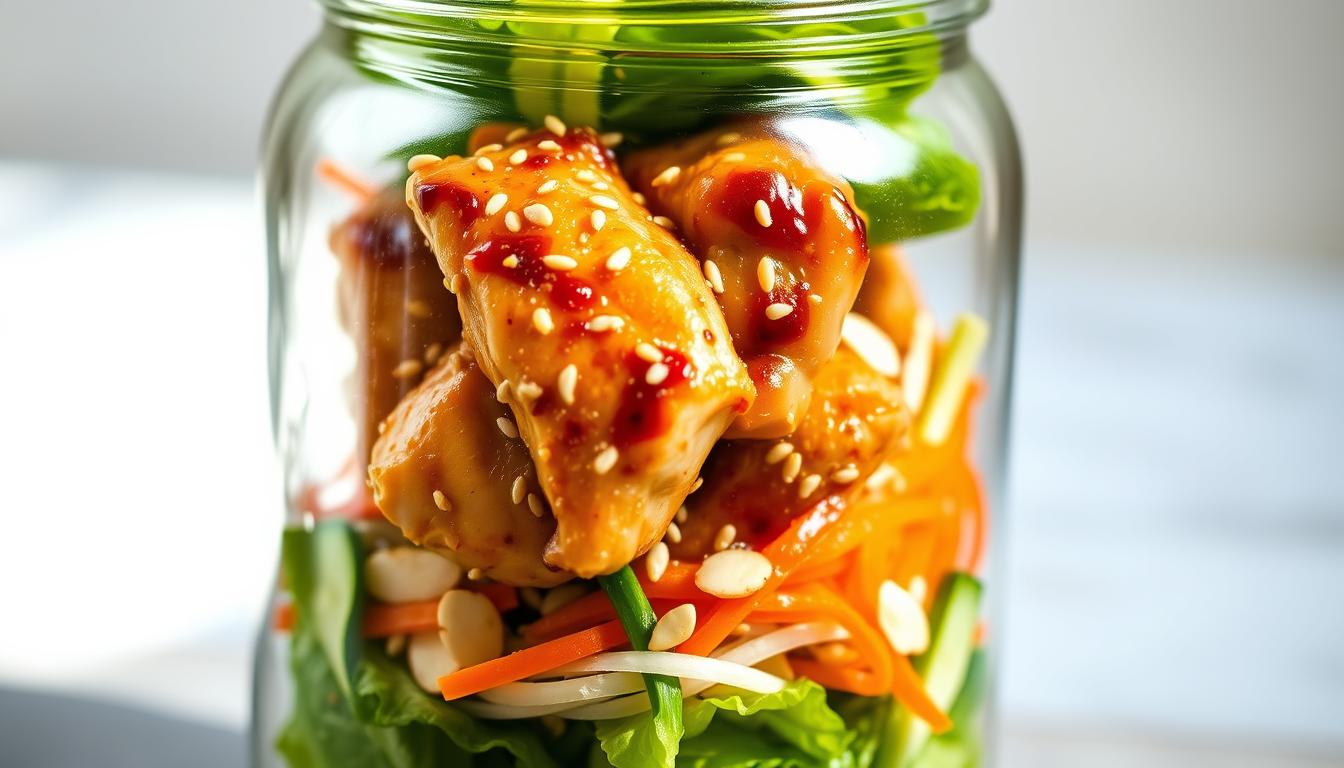 A close-up shot of a mason jar filled with a vibrant Asian-inspired sesame chicken salad. The foreground features succulent chicken thighs coated in a glistening sesame-soy marinade, nestled atop a bed of crisp romaine lettuce, shredded carrots, and julienned cucumbers. In the middle ground, crunchy toasted sesame seeds and slivered almonds add texture and visual interest. The background showcases the clear glass jar, highlighting the layered colors and textures of the salad ingredients. Soft, natural lighting from the side casts subtle shadows, emphasizing the three-dimensional depth. The overall composition and styling evokes a fresh, flavorful, and visually appealing Asian-inspired mason jar salad.
