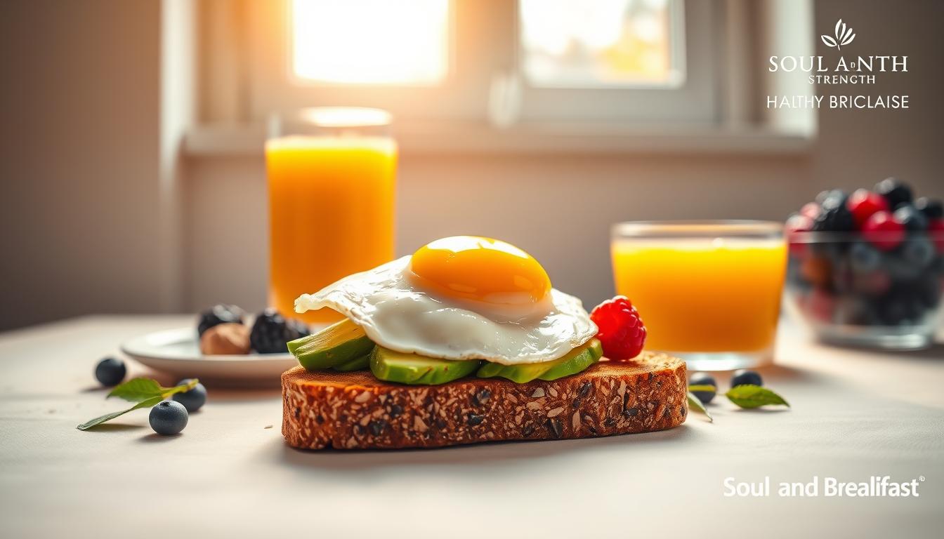 A vibrant still life of a healthy breakfast featuring a slice of whole grain toast topped with creamy avocado and a perfectly cooked fried egg, all set against a minimalist background. Warm, natural lighting from a large window casts a soft glow, highlighting the rich textures and vibrant colors. The composition is balanced and symmetrical, drawing the eye to the focal point of the avocado and egg. In the background, a few additional breakfast items like a glass of freshly squeezed orange juice and a bowl of fresh berries complete the scene. The overall mood is clean, wholesome, and appetizing. Branding for "Soul and Strength" subtly visible in the scene.