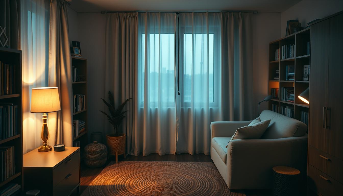 A cozy dorm room with warm, ambient lighting. Soft, diffused illumination from a desk lamp with a linen shade casts a soothing glow across the space. Draperies filter natural light, creating a tranquil, inviting atmosphere. Bookshelves line the walls, their contents casting gentle shadows. A plush, oversized armchair invites relaxation, complemented by a woven area rug underfoot. Minimalist decor and muted color tones promote a sense of serene calm. The room exudes a meditative quality, perfect for contemplation and recharging one's mental well-being.