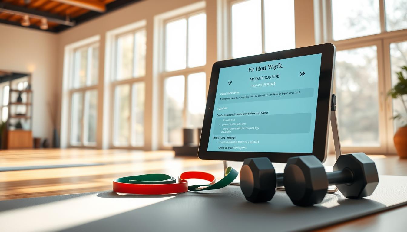 A well-lit home gym interior, with a personalized workout program displayed on a digital tablet or whiteboard. The foreground features an exercise mat, resistance bands, and a pair of dumbbells neatly arranged. In the middle ground, a customized workout routine is visible, tailored to the user's fitness level and goals. The background showcases floor-to-ceiling windows, allowing natural light to pour in and create a warm, energizing atmosphere. The overall scene conveys a sense of focus, dedication, and the empowerment of taking control of one's fitness journey.