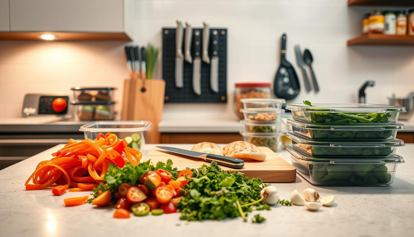 A spacious, well-lit kitchen countertop with various meal prep components neatly arranged. In the foreground, freshly chopped vegetables, grilled chicken breasts, and a stack of meal prep containers. In the middle, a cutting board with a sharp knife, garlic, and herbs. In the background, a wall-mounted magnetic knife rack and shelves stocked with pantry staples. Soft, warm lighting illuminates the scene, creating a sense of efficiency and organization. The overall atmosphere conveys a streamlined, time-saving approach to quick weeknight meal preparation.