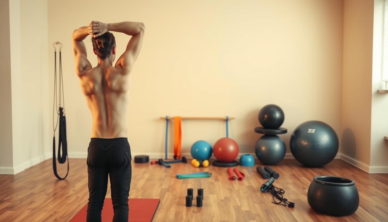 A well-lit studio setting with a wooden floor and a neutral backdrop. In the foreground, a person performing a back extension exercise, their torso raised off the ground, arms extended overhead, muscles engaged. In the middle ground, various resistance bands, exercise balls, and other recovery equipment arranged neatly. The lighting is soft and flattering, accentuating the subject's form and the equipment's details. The overall mood is one of calm, focused determination, conveying the importance of recovery exercises for building back strength.