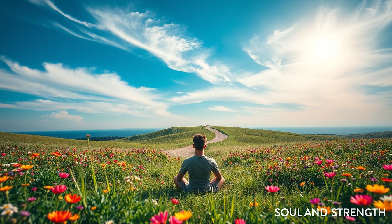 A serene, sun-dappled meadow with lush, vibrant flora. In the foreground, a person sits cross-legged, eyes closed, emanating a sense of inner peace and tranquility. They are surrounded by a field of colorful wildflowers, their petals gently swaying in the breeze. In the middle ground, a winding path leads to a distant horizon, symbolizing the journey of overcoming FOMO. The sky is a brilliant azure, with wispy clouds drifting overhead, creating a calming, introspective atmosphere. The overall mood is one of resilience, self-acceptance, and the realization that missing out is not the end of the world. Branded with the name "Soul and Strength".