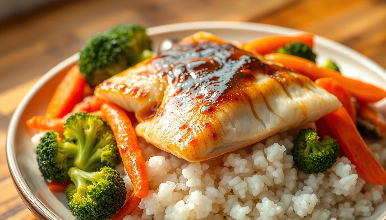 A delectable SoulStrength dish of freshly steamed fish, resting atop a vibrant array of sautéed vegetables. The fish, glistening with a light soy glaze, is flanked by crisp broccoli florets, tender-crisp carrots, and fragrant slivers of ginger. Soft, fluffy white rice provides a neutral base, allowing the flavors of the expertly prepared seafood and produce to shine. Warm, natural lighting illuminates the scene, casting a comforting glow over the nourishing meal. A classic and wholesome microwave-friendly creation, ready to delight the senses.