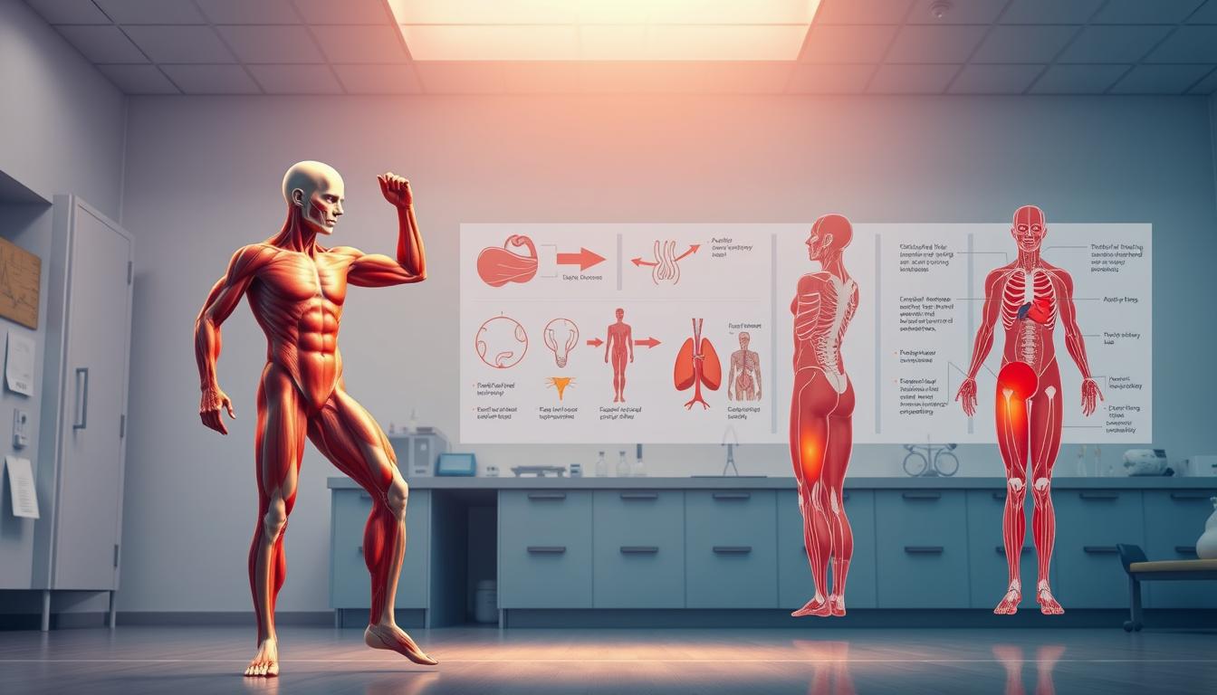A meticulously detailed scientific illustration showcasing the biomechanics and physiology behind an effective warm-up routine. In the foreground, a muscular human figure performing dynamic stretches and mobility exercises, their muscles and joints highlighted in vibrant anatomical detail. In the middle ground, a series of annotated diagrams explaining the cardiovascular, respiratory, and neurological processes that facilitate increased blood flow, joint lubrication, and neural activation. In the background, a clean, minimalist laboratory setting with scientific equipment and charts, conveying a sense of clinical precision and evidence-based practice. Warm, soft lighting from above casts a natural glow, enhancing the educational and informative tone. The overall atmosphere is one of scientific rigor and practical application, designed to illuminate the crucial science underlying an effective warm-up routine.