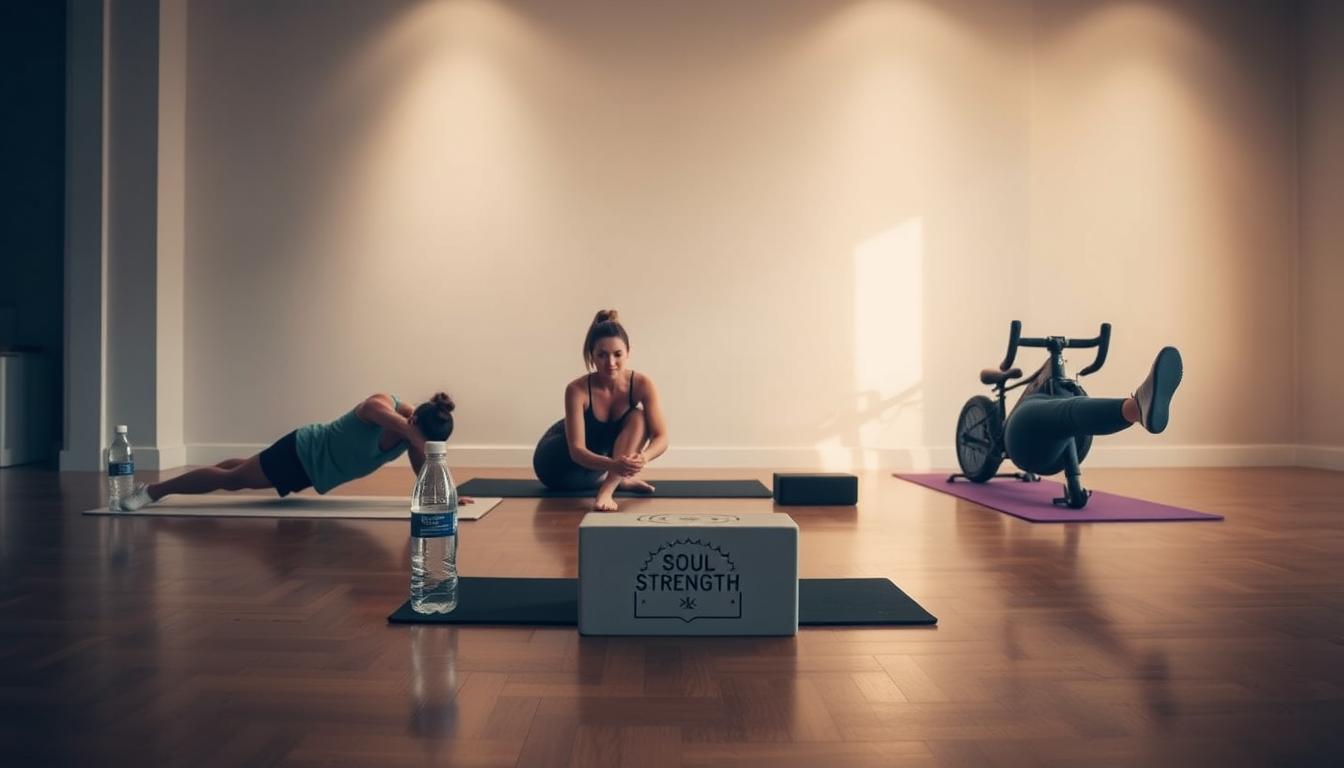 A well-lit home gym setting with hardwood floors and a neutral-toned wall backdrop. In the foreground, three people performing core exercises - one doing a plank, another doing sit-ups, and the third doing bicycle crunches. The middle ground features exercise mats, water bottles, and a Soul and Strength logo-branded yoga block. Soft, warm lighting illuminates the scene, creating a motivating atmosphere for a 15-minute home workout routine.
