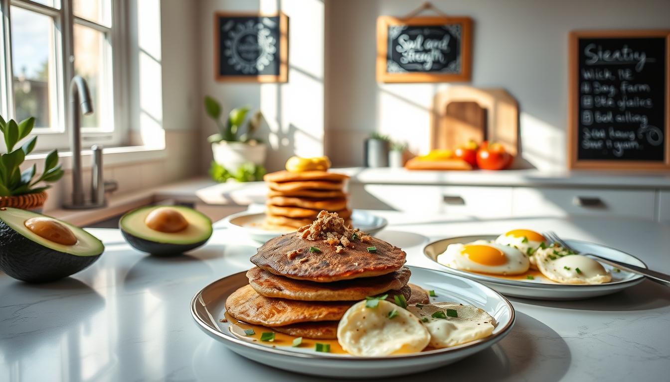 A stylish, minimalist kitchen counter showcases an array of low-glycemic breakfast recipes. Freshly sliced avocado, a stack of whole-grain pancakes, and a platter of scrambled eggs made with farm-fresh ingredients take center stage. Sunlight streams in through large windows, casting a warm, natural glow on the scene. In the background, a chalkboard with the "Soul and Strength" logo hangs, highlighting the health-conscious nature of the recipes. The overall atmosphere is clean, inviting, and embodies the idea of starting the day with a nourishing, low-sugar meal.