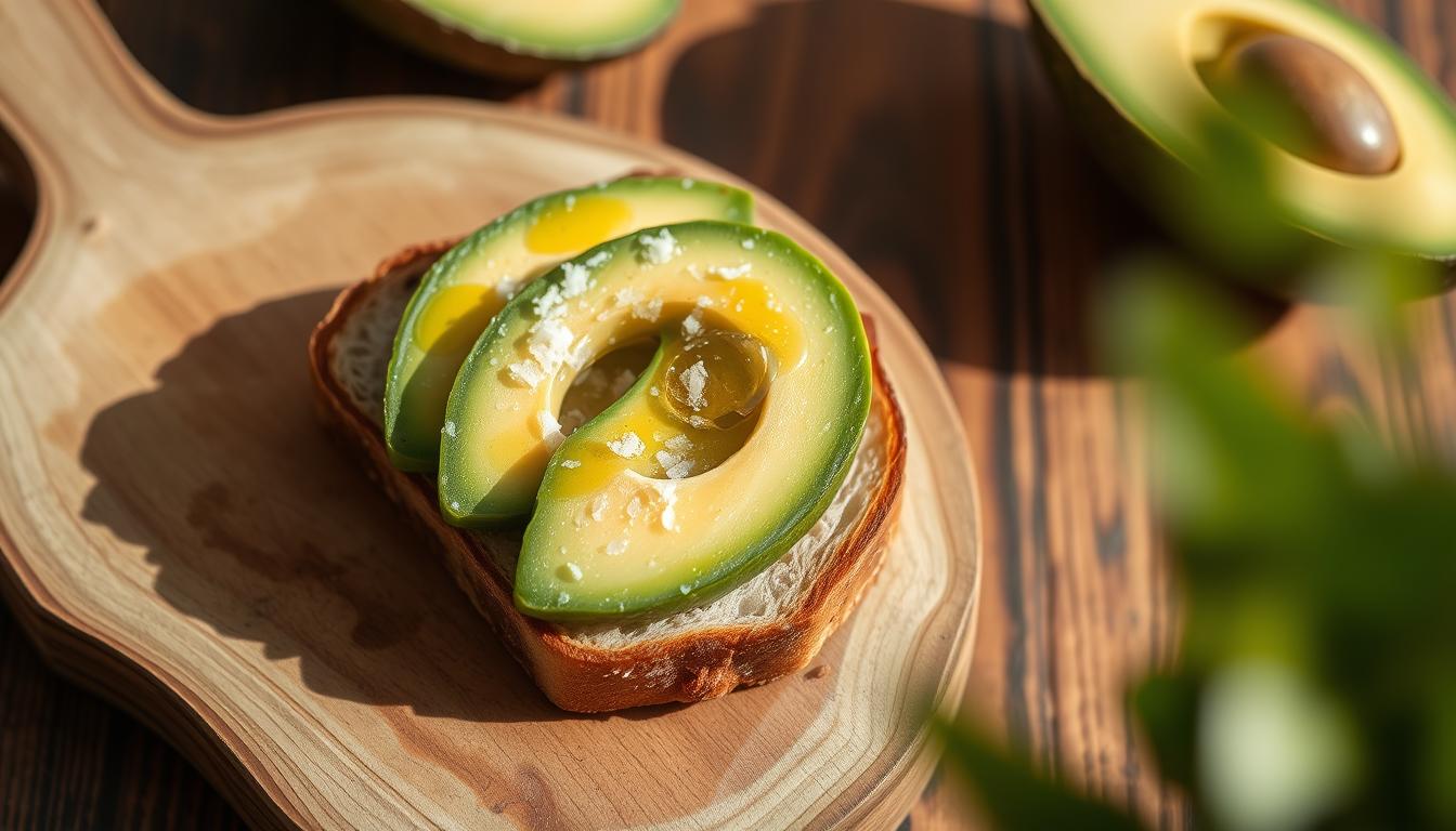 A minimalist, appetizing avocado toast on a rustic wooden board. The avocado slices are perfectly ripe, their green hues complemented by a drizzle of olive oil and a sprinkle of flaky sea salt. A slice of freshly toasted sourdough bread provides a sturdy base, its golden-brown crust contrasting beautifully with the creamy avocado. The scene is bathed in warm, natural lighting, highlighting the dish's simple elegance. The composition emphasizes the essential ingredients, creating a clean, inviting presentation that captures the essence of the basic avocado toast recipe.