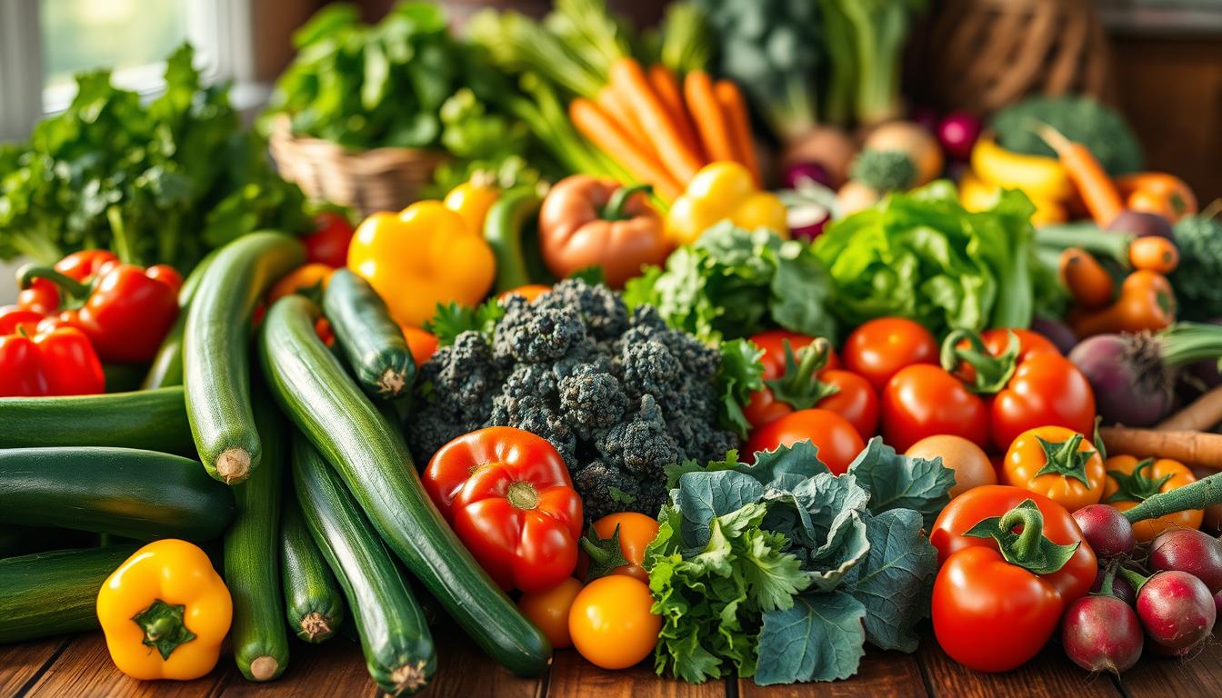 A vibrant, bountiful array of fresh vegetables arranged on a rustic wooden table, bathed in warm, natural light. In the foreground, an assortment of colorful peppers, zucchini, and tomatoes, their crisp textures and vivid hues creating a visually striking composition. In the middle ground, leafy greens like kale and spinach, their rich, verdant tones adding depth and nutrient-dense appeal. In the background, a variety of root vegetables, such as carrots, beets, and radishes, their unique shapes and earthy tones complementing the overall scene. The lighting is soft and diffused, casting gentle shadows and highlighting the natural beauty of the produce. The overall mood is one of abundance, freshness, and a celebration of the vibrant, nourishing power of a diverse vegetable selection.