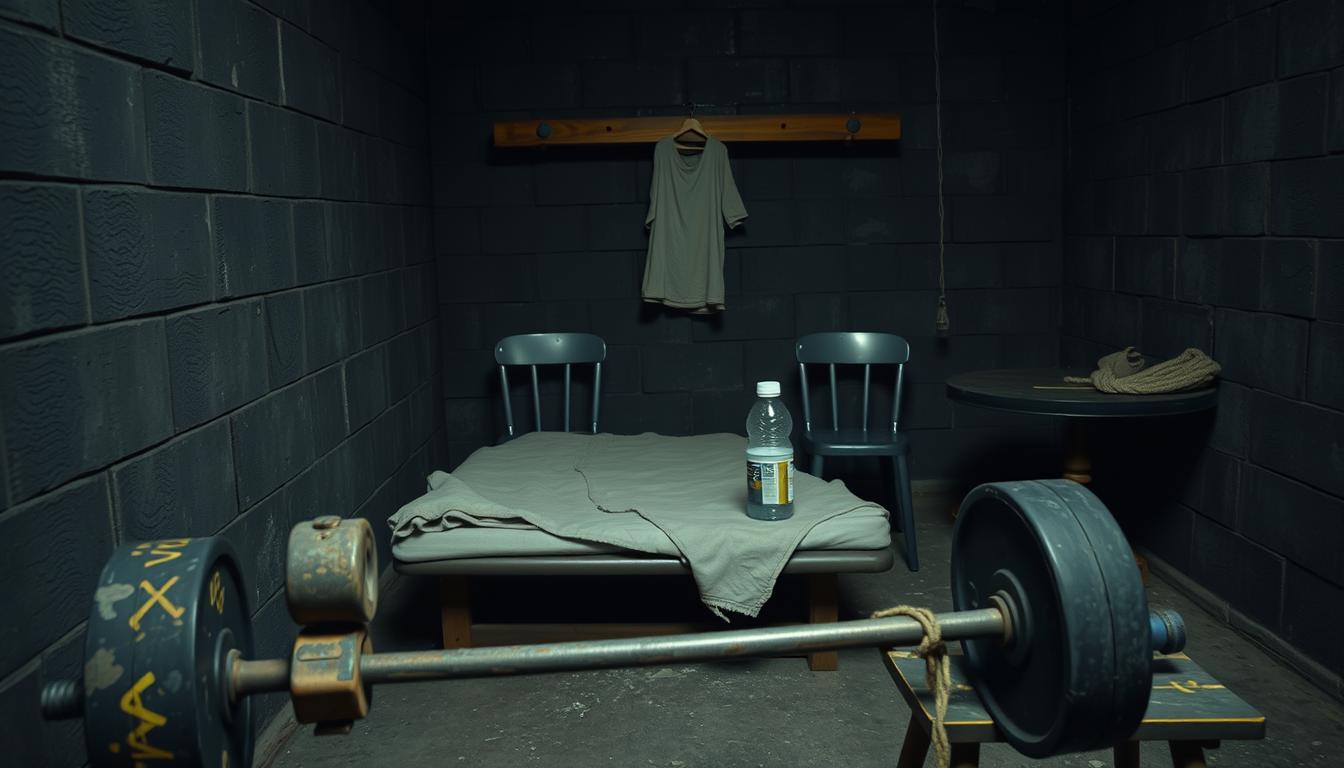 A gritty, dimly lit prison cell. In the foreground, a makeshift barbell constructed from a metal pipe and heavy objects as weights. In the middle ground, a pull-up bar fashioned from a sturdy wooden plank and two metal chairs. In the background, a tattered mattress and a small table, upon which sit a water bottle and a handful of rudimentary workout tools - a towel, a worn-out pair of gloves, and a length of rope. The atmosphere is one of determination and resourcefulness, as the inmate works to maintain their physical fitness in the face of limited resources and a harsh, unforgiving environment.