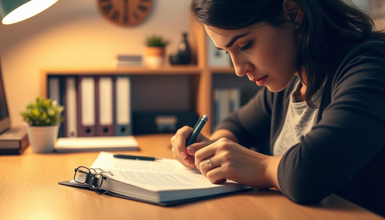 A neatly organized home office, warm lighting illuminating a wooden desk with a notebook, pen, and small plant. In the foreground, a person thoughtfully reviewing their therapy homework, brow furrowed, pen in hand. The background is slightly blurred, emphasizing the focus on the task at hand. The overall scene conveys a sense of intentionality, reflection, and the importance of engaging with therapeutic exercises.