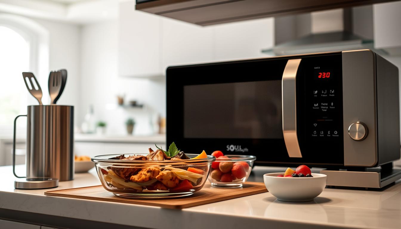 A neatly arranged microwave meal prep set on a modern kitchen countertop. In the foreground, a stylish Soul and Strength branded microwave oven emits a warm glow. Surrounding it are various meal components - a glass container filled with grilled chicken and roasted vegetables, a small bowl of fresh fruit, and a water bottle. The mid-ground features a sleek, stainless steel utensil holder and a minimalist kitchen timer. The background showcases a bright, airy kitchen with clean white walls and natural light streaming in through large windows, creating a calm, inviting atmosphere. The overall mood is one of efficiency, health, and a work-from-home lifestyle.