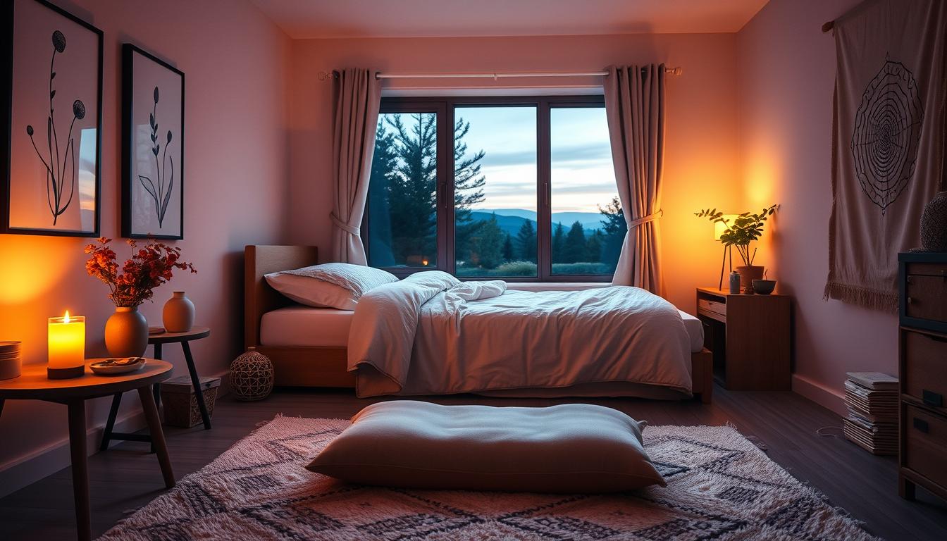 A cozy dorm room with an inviting meditation corner. The space is bathed in warm, diffused lighting, creating a serene ambiance. In the foreground, a plush meditation cushion sits on a soft area rug, along with a small side table holding a lit aromatherapy candle and a bowl of fresh flowers. The walls are adorned with minimalist botanical prints and a simple yet elegant tapestry, lending a calming, nature-inspired feel. In the middle ground, a large window overlooks a tranquil outdoor scene, allowing natural light to filter in. The overall atmosphere encourages mindfulness, relaxation, and a sense of personal retreat within the confines of the dorm.