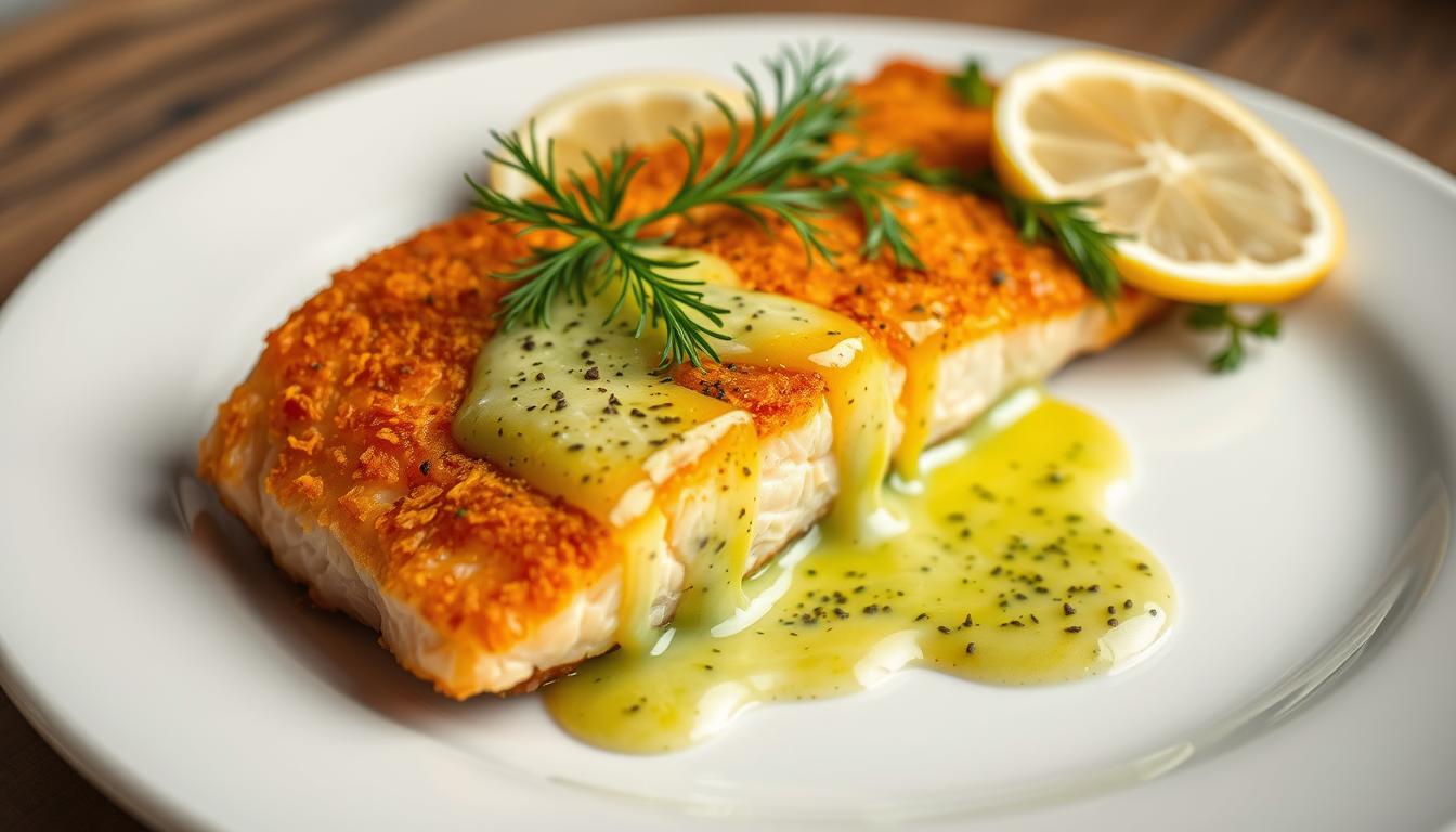 A close-up, high-angle shot of a succulent air-fried salmon fillet, golden-brown and crispy on the outside, resting on a white plate. In the foreground, a drizzle of bright lemon-dill sauce cascades over the fish, its vibrant green hues complementing the warm tones of the salmon. Garnished with a sprig of fresh dill, a wedge of lemon, and a sprinkle of cracked black pepper. The background is softly blurred, emphasizing the delectable and appetizing nature of the dish. Soft, even lighting illuminates the scene, creating a mouthwatering and inviting atmosphere.