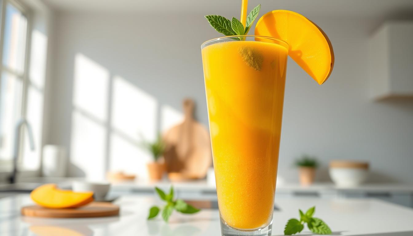 A lush, vibrant mango smoothie with a golden hue from turmeric, swirling with creamy protein powder and garnished with a sprig of fresh mint. The smoothie is poured into a tall glass with a textured, frosted surface, allowing the sunlight to filter through and cast a warm, diffused glow. The background is a minimalist, light-filled kitchen setting with clean, white countertops and simple, natural-toned decor. The overall scene conveys a sense of healthy, nourishing indulgence.