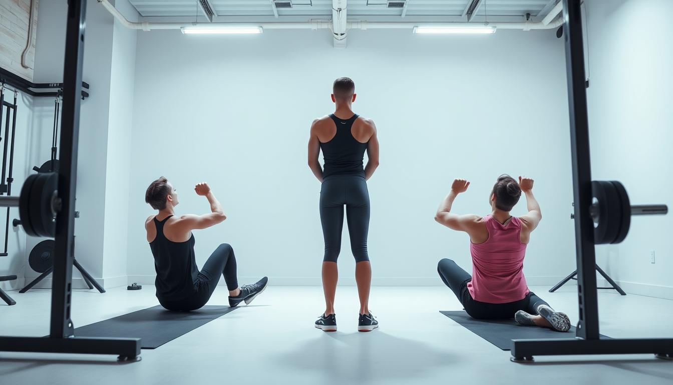 A well-lit studio setting featuring a person performing a series of core exercises for spinal stability. The subject is in the center of the frame, facing the camera, dressed in form-fitting athletic wear. The background is clean and minimalist, with a plain backdrop or simple studio setup that allows the exercises to be the focal point. The lighting is soft and directional, highlighting the subject's movements and muscle engagement. The camera angle is slightly elevated, offering a clear view of the proper form and technique for each exercise. The overall mood is focused, instructional, and encouraging, conveying the importance of core strength for back safety and stability during heavy lifting.