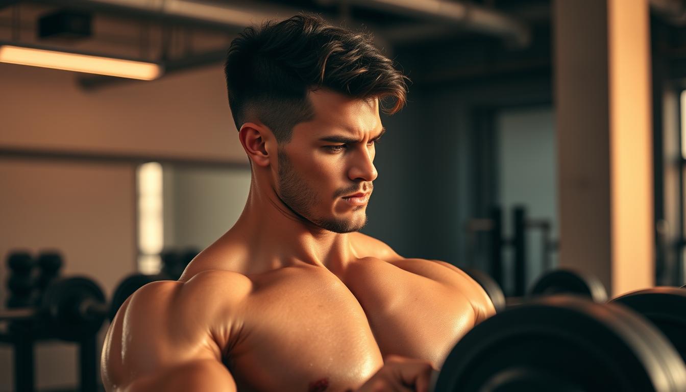 A muscular athlete performing targeted resistance training, their powerful physique illuminated by soft, warm lighting. In the foreground, their well-defined muscles strain as they lift free weights, showcasing the results of their precise, sustainable training regimen. The background features a minimalist, industrial-style gym, with clean lines and neutral tones that complement the subject's physique. The mood is one of controlled strength and aesthetic balance, capturing the essence of achieving a 'superhero' build through thoughtful, disciplined training.