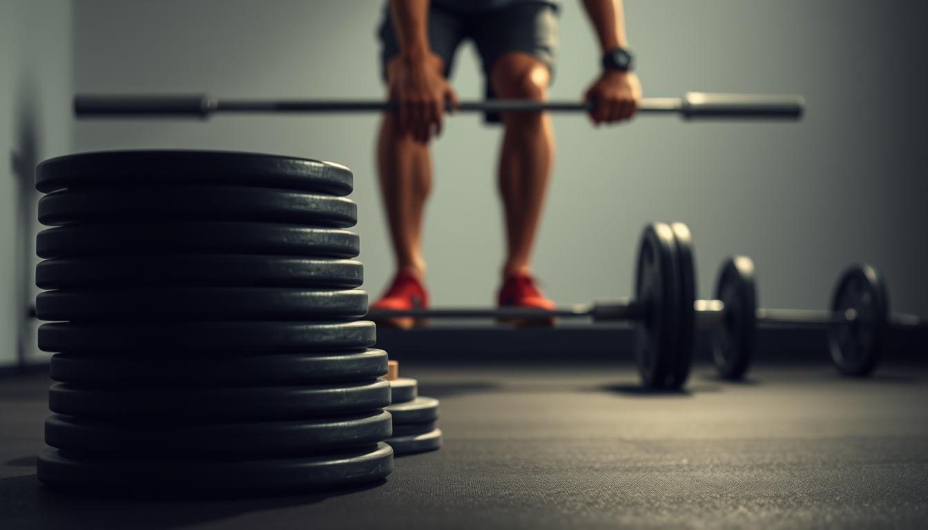 A gradual progression of deadlift weights, captured with cinematic lighting and clean angles. In the foreground, a stack of weight plates in increasing sizes, creating a visually compelling gradient. The middle ground showcases a person's hands and feet in a deadlift stance, demonstrating proper form. The background fades into a clean, minimalist studio setting, allowing the subject to take center stage. The overall mood is one of focused determination, highlighting the incremental steps towards strength and mastery of the deadlift.