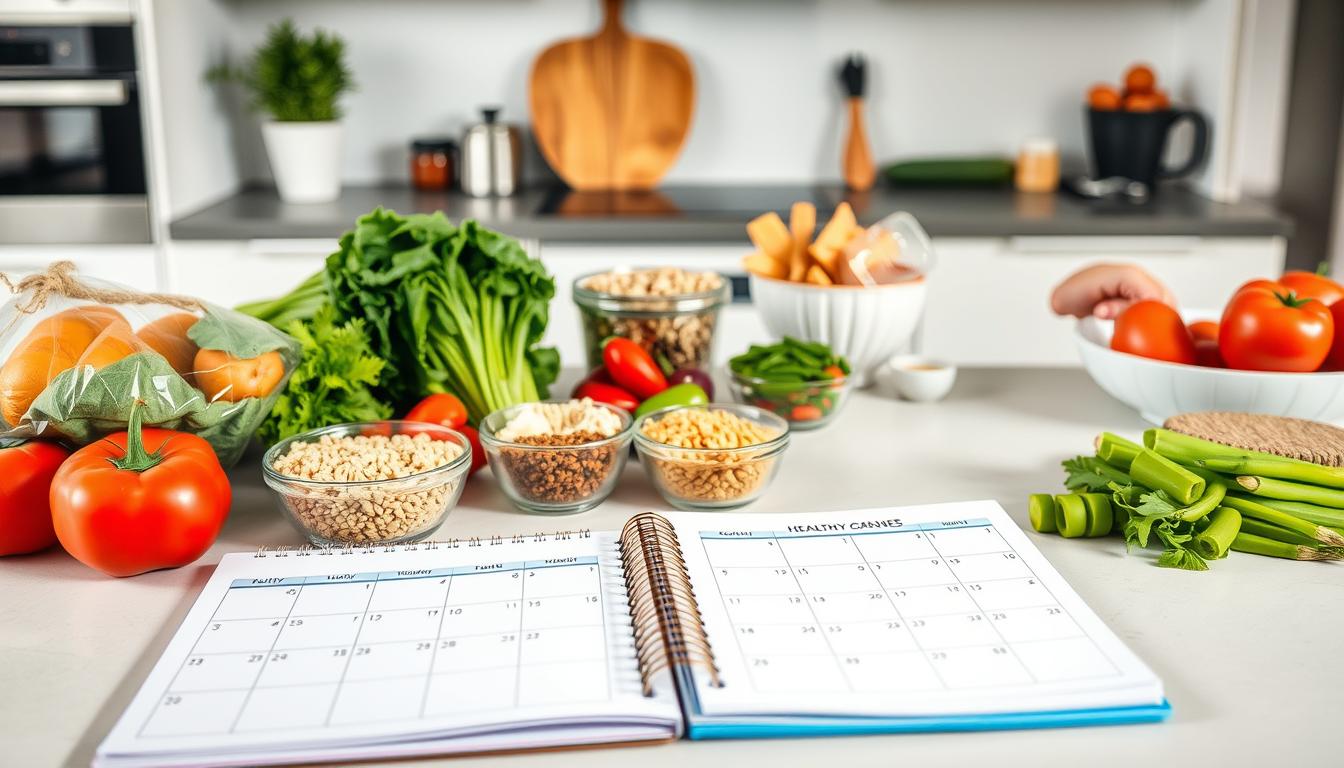 Prompt A modern, well-lit kitchen counter with a variety of healthy meal prep ingredients neatly arranged, including fresh vegetables, lean proteins, whole grains, and healthy fats. In the foreground, a meal planning notebook and calendar open, showcasing a balanced meal schedule for an intermittent fasting regimen. The lighting is soft and natural, with a calm, minimalist atmosphere. The overall composition emphasizes the organization and intentionality of intermittent fasting meal planning, designed to support the "Determining Your Nutritional Needs During Eating Windows" section of the article.