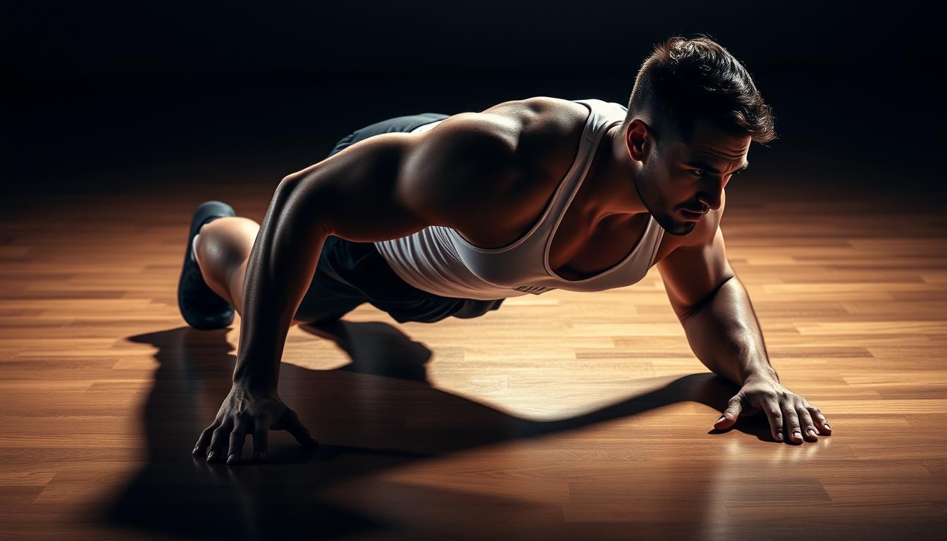 A muscular male figure in a white tank top and black shorts performs a planche lean, their body parallel to the ground, supported by their straight arms pressed firmly against a polished hardwood floor. Dramatic studio lighting casts dramatic shadows, highlighting the athlete's defined musculature and intense focus. The background is blurred, drawing the viewer's attention to the central movement and its technical precision. The scene exudes a sense of power, control, and the mastery of bodyweight exercises essential for the progression towards the planche.