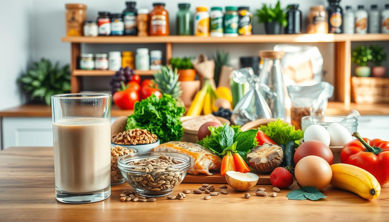 A well-lit, high-quality photograph showcasing a variety of healthy, whole-food ingredients arranged on a clean, wooden table. In the foreground, a glass of water, a protein shake, and a bowl of mixed nuts and seeds. In the middle ground, a selection of lean protein sources like grilled chicken, fish, and eggs, alongside fresh fruits and vegetables. In the background, shelves stocked with nutrient-dense superfoods and supplements. The lighting is soft and natural, creating a warm, inviting atmosphere that emphasizes the simplicity and effectiveness of these sustainable muscle growth nutrition strategies.