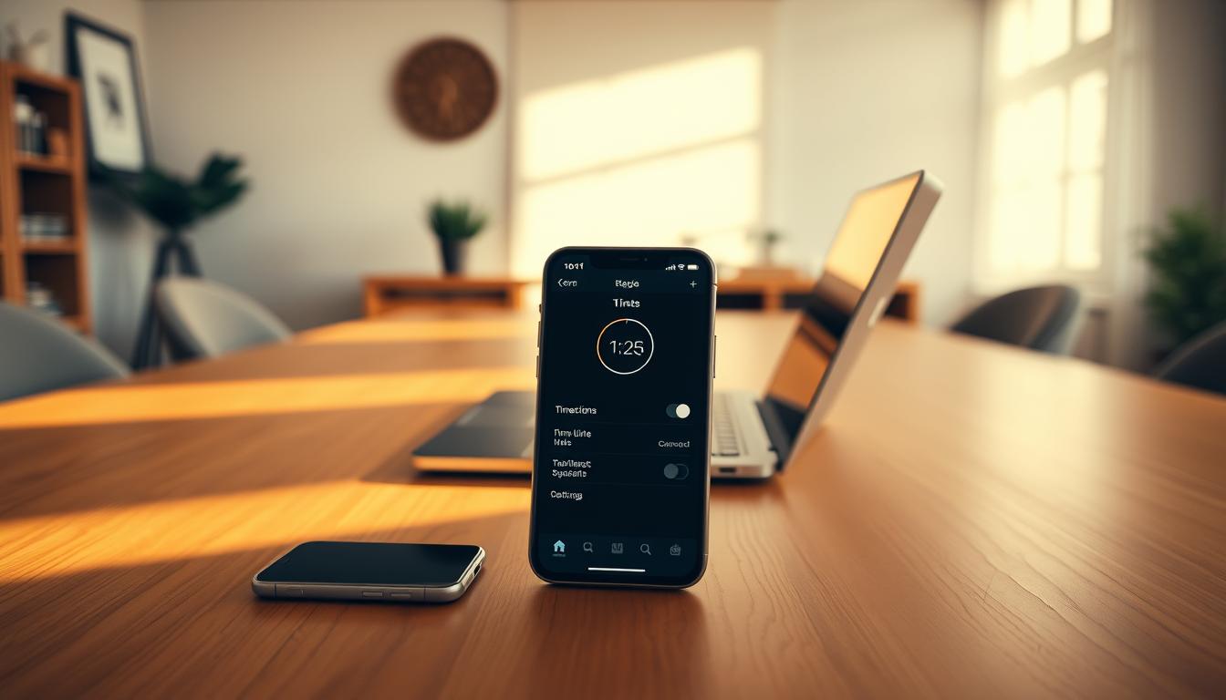 A serene office workspace with a large wooden desk, a laptop, and a smartphone. The screen of the smartphone displays an app's time limit settings, indicating that digital distractions are being carefully managed. Warm, natural lighting fills the room, creating a calm and focused atmosphere. The background features a minimal, minimalist wall decor, emphasizing the importance of mindfulness and productivity. The composition is balanced, with the smartphone's screen prominently positioned, drawing the viewer's attention to the central theme of "app time limits" and digital detox.