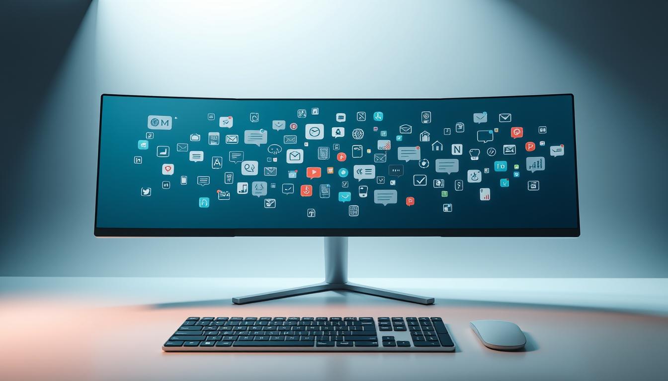A minimalist, futuristic desktop workspace with a sleek, ultrawide monitor displaying a cascade of notification icons - alerts, messages, updates, and reminders floating against a serene, gradient background. The lighting is soft, diffused, and slightly cool-toned, creating a sense of modern tranquility. The camera angle is slightly elevated, giving an overview of the clean, uncluttered work surface with just a hint of a modern, ergonomic keyboard in the foreground. The overall mood is one of digital organization and balance, hinting at the ability to tame the constant flow of notifications.
