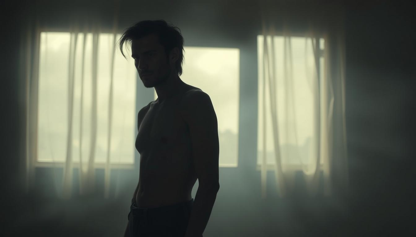 A pensive figure stands in a dimly lit room, their expression conveying a complex mix of emotions - vulnerability, introspection, and a glimmer of hope. The background is hazy, with muted colors and soft, diffused lighting, creating an atmosphere of contemplation. The figure's posture is relaxed, yet there is a sense of weight and gravity in their body language, suggesting the burden of maintaining a facade of being "fine." The scene evokes the idea of breaking free from the societal pressure to conceal one's true mental state, embracing honesty and self-acceptance.