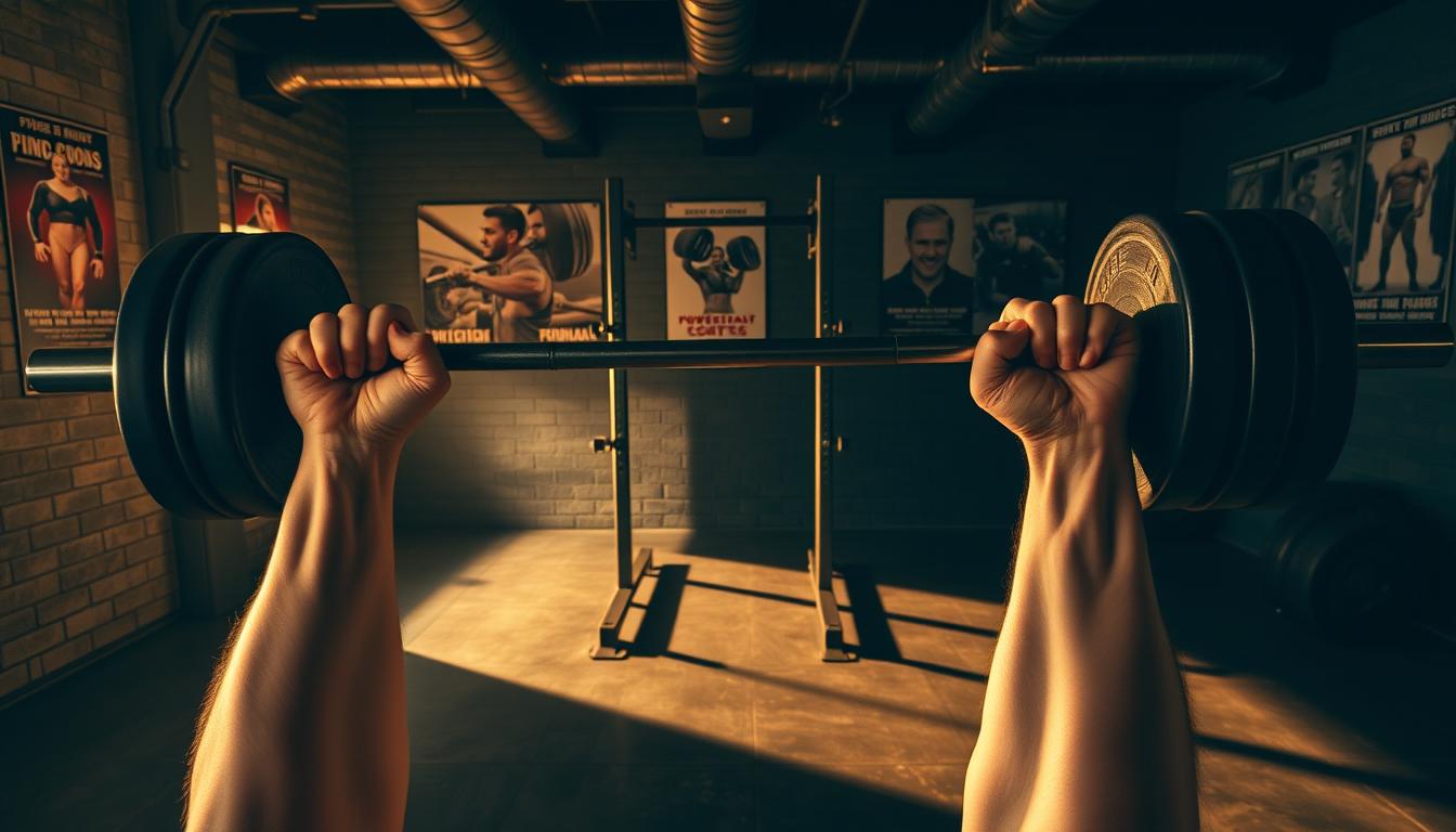 A dimly lit weight room with a rugged, industrial aesthetic. In the foreground, a pair of strong hands grip a barbell, muscles tensing as the weight is lifted. The middle ground features a squat rack, its sturdy frame casting dramatic shadows on the floor. In the background, the walls are adorned with motivational posters and images of powerlifting legends, creating an atmosphere of determination and focus. Soft, warm lighting illuminates the scene, casting a golden glow and emphasizing the hard work and dedication required to build a solid strength training foundation.