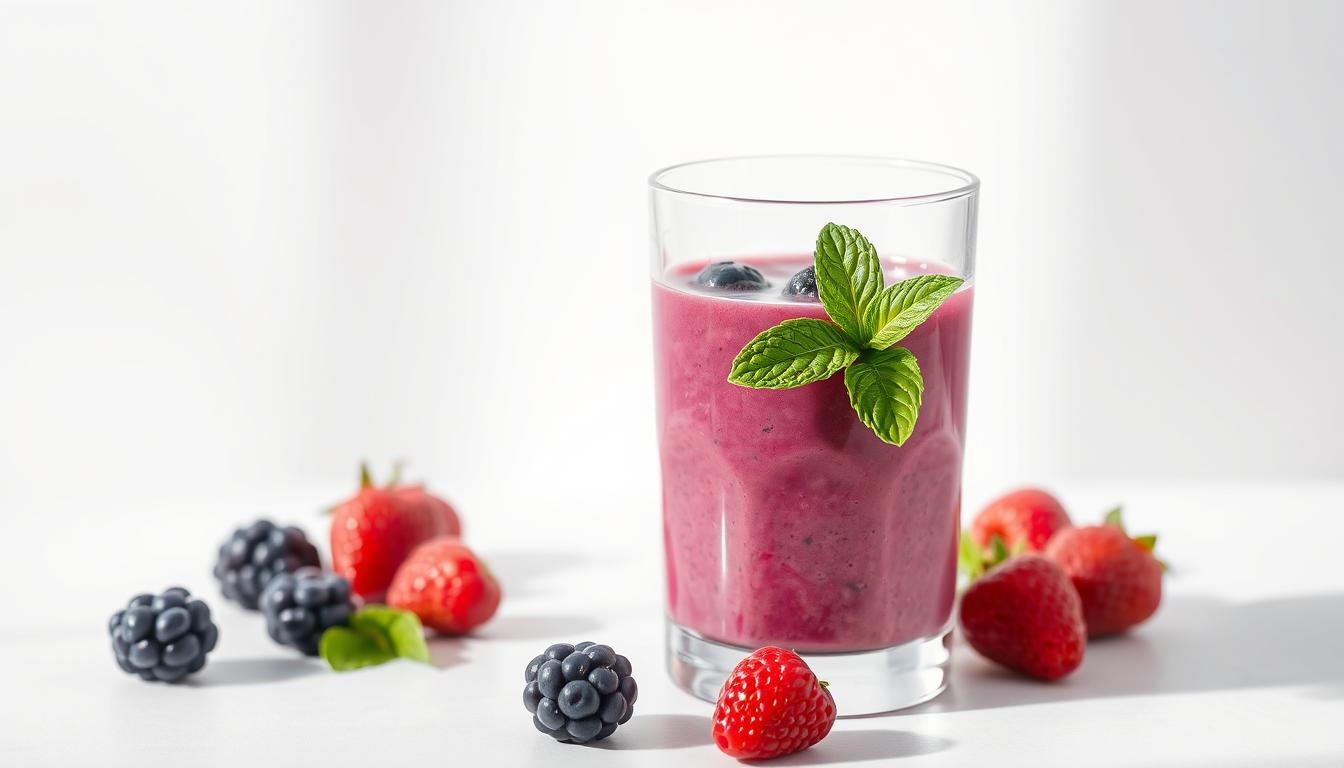 A luscious, creamy berry smoothie in a clear glass, garnished with fresh berries and a mint sprig. The smoothie has a vibrant, deep purple hue, with a thick, velvety texture. The glass is set against a light, airy background, illuminated by soft, natural lighting from the side, casting gentle shadows. The overall scene evokes a sense of refreshment and healthy indulgence, perfect for a nourishing breakfast or mid-day snack.