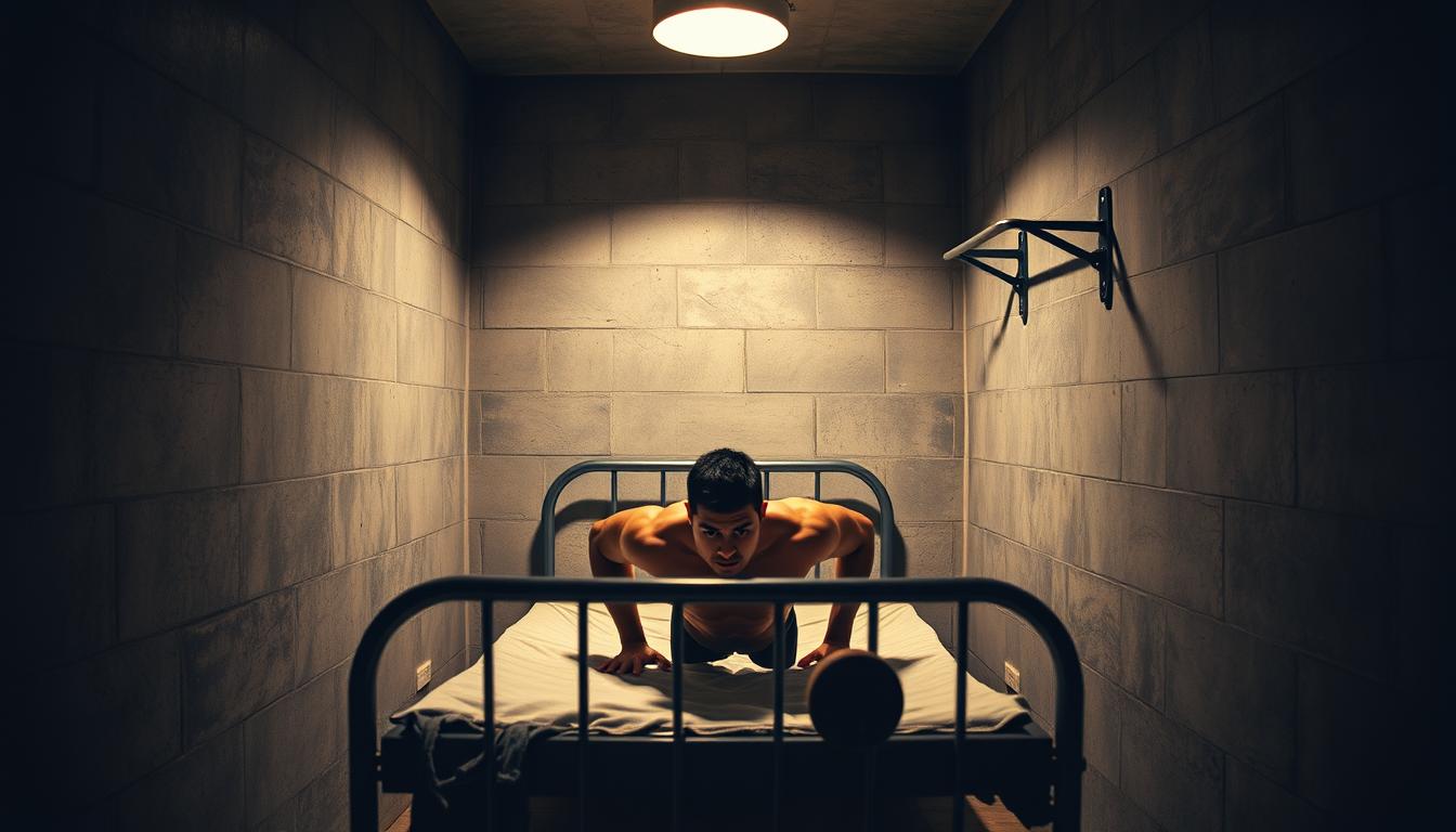 A dimly lit prison cell, its bare concrete walls casting ominous shadows. In the center, a muscular inmate performs a series of pushups, his face etched with determination. Scattered around him, a makeshift workout area - a sturdy metal bed frame, a towel-covered surface for dips, and a wall-mounted pull-up bar. The cell is sparse, yet the inmate's intense focus creates an atmosphere of resilience and self-discipline. Soft, warm lighting from a single overhead fixture illuminates the scene, casting a glow that highlights the prisoner's defined physique and the ingenuity of his self-imposed fitness regimen. The image conveys the resourcefulness and mental fortitude required to maintain physical fitness within the confines of a prison cell.