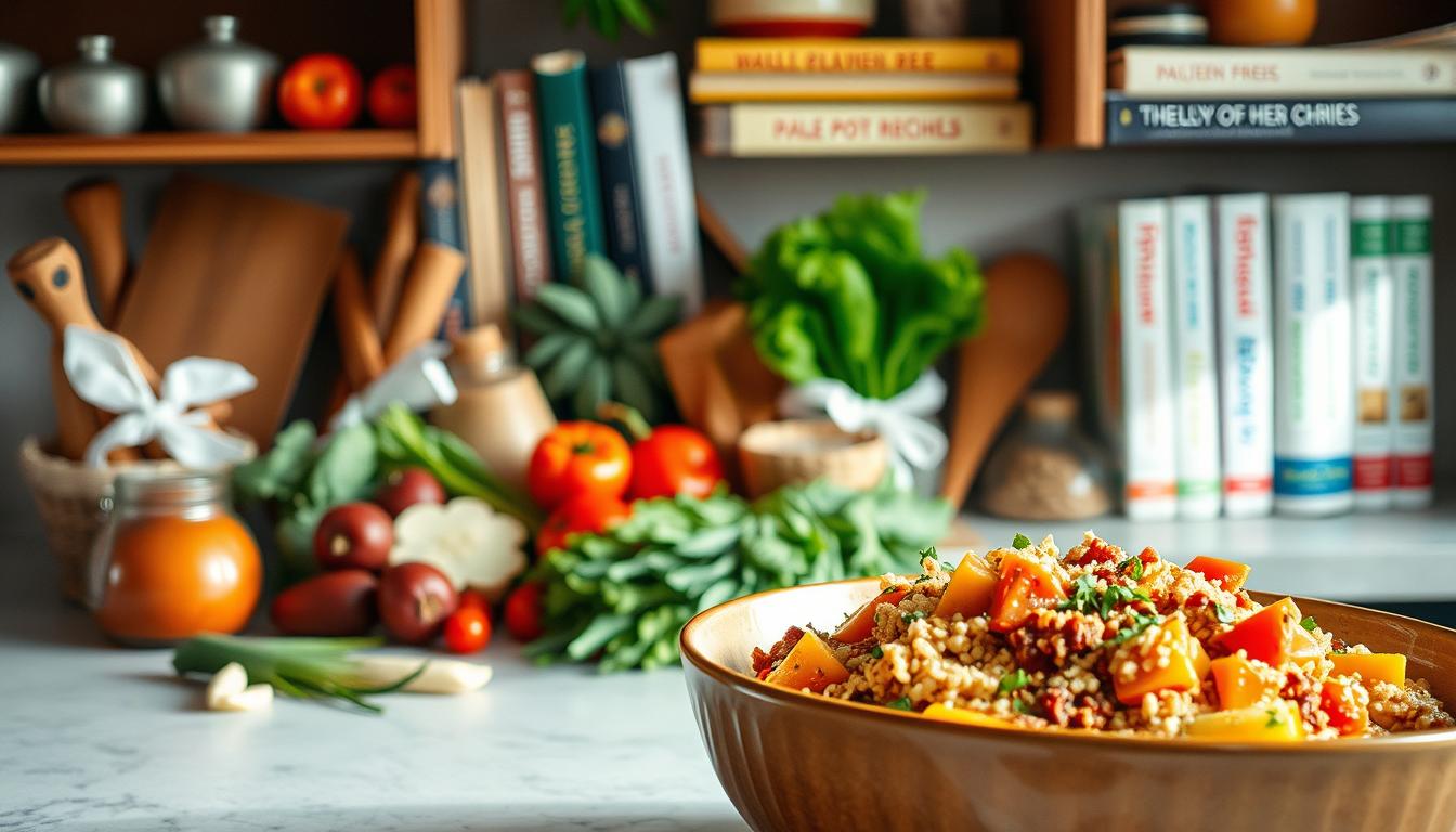 A well-stocked kitchen counter with a variety of healthy ingredients, including fresh vegetables, whole grains, and lean proteins. In the foreground, a large ceramic bowl filled with a vibrant, nourishing one-pot dish, its aroma wafting through the air. Soft, natural lighting casts a warm glow, highlighting the textures and colors of the meal. In the background, a bookshelf displays a collection of specialized cookbooks, their spines showcasing titles like &quot;Gluten-Free Recipes&quot; and &quot;Paleo Diet Meals&quot;. The overall atmosphere is one of wholesome, mindful cooking, inviting the viewer to explore the delicious possibilities of one-pot cooking for special diets.