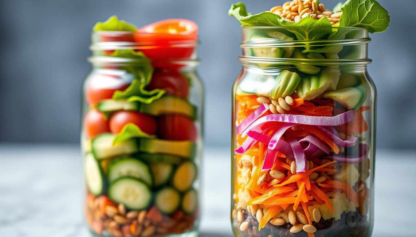 A beautifully lit, high-resolution close-up of a mason jar filled with a fresh and vibrant layered salad. The foreground features a transparent glass jar with precisely stacked layers of crisp romaine lettuce, juicy cherry tomatoes, crunchy cucumber slices, and a creamy avocado spread. The middle ground showcases a variety of colorful ingredients, such as shredded carrots, diced red onions, and a sprinkle of toasted sunflower seeds. The background subtly blurs, creating a soft, ethereal focus on the jar's contents. The overall composition conveys a sense of culinary harmony and the perfect balance of flavors and textures for a delightful mason jar salad.