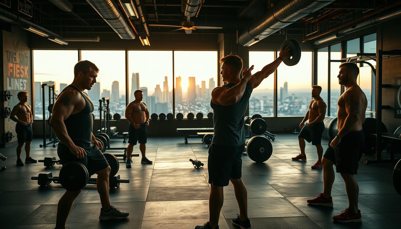 A dimly lit, industrial-style gym interior with robust, muscular athletes executing advanced calisthenics and weight training techniques. In the foreground, a seasoned personal trainer demonstrates proper form and technique to their attentive clients. The middle ground features a mix of functional fitness equipment and motivational wall art. The background showcases floor-to-ceiling windows, offering a glimpse of a bustling urban skyline at dusk, bathed in warm, golden light. The overall atmosphere conveys a sense of expertise, dedication, and the mastery of both bodyweight and weight-based training methods.